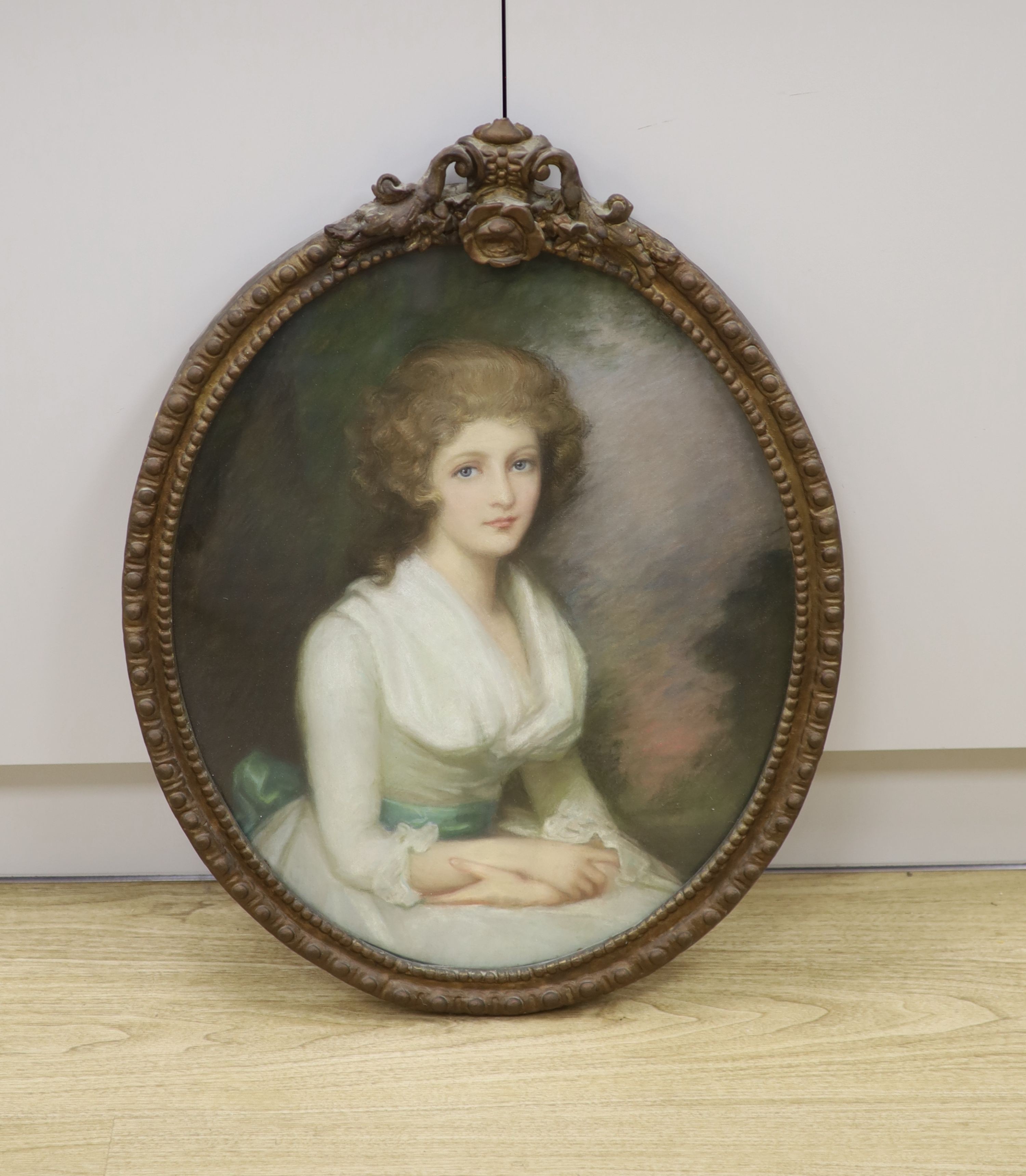 English School c.1900, pastel, Portrait of a lady seated in a garden, 59 x 48cm